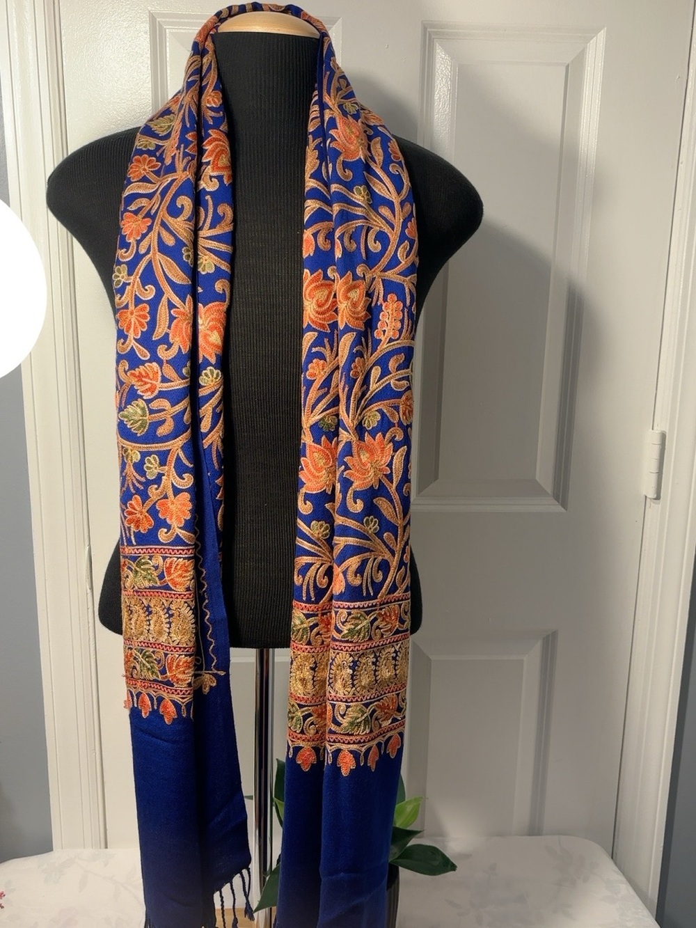 Sadhana Fancy Stole Royal Blue Floral Embroidered Shawl Wrap New